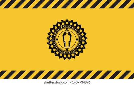 dead man in his coffin icon black grunge emblem with yellow background. Vector Illustration. Detailed.