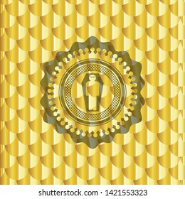 dead man in his coffin icon inside gold badge. Scales pattern. Vector Illustration. Detailed.