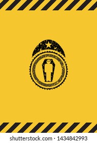 dead man in his coffin icon black grunge emblem inside yellow warning sign. Vector Illustration. Detailed.