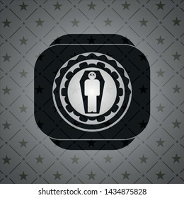 dead man in his coffin icon inside black emblem. Vintage.
