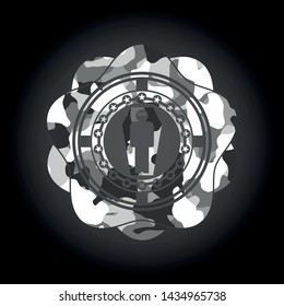 dead man in his coffin icon inside grey camouflaged emblem
