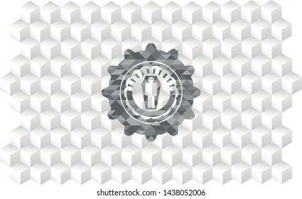 dead man in his coffin icon inside grey badge with geometric cube white background