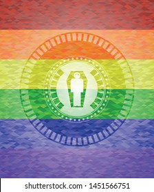 dead man in his coffin icon inside emblem on mosaic background with the colors of the LGBT flag