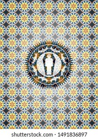 dead man in his coffin icon inside arabesque badge. arabic decoration.