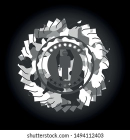 dead man in his coffin icon inside grey camouflage emblem