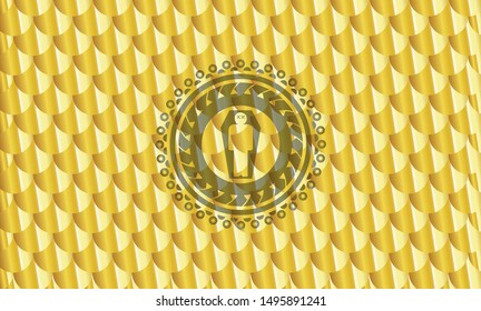 dead man in his coffin icon inside gold badge. Scales pattern. Vector Illustration. Detailed.
