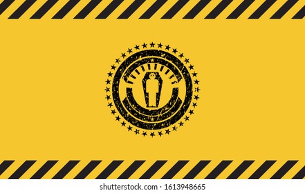 dead man in his coffin icon inside warning sign, black grunge emblem. Vector Illustration. Detailed.