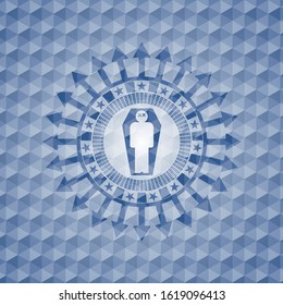 dead man in his coffin icon inside blue badge with geometric pattern.