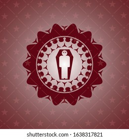 dead man in his coffin icon inside red emblem. Vintage.
