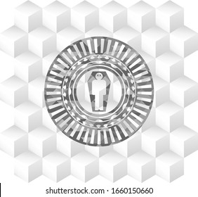 dead man in his coffin icon inside grey emblem with geometric cube white background