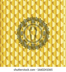 dead man in his coffin icon inside golden emblem or badge. Scales pattern. Vector Illustration. Detailed.