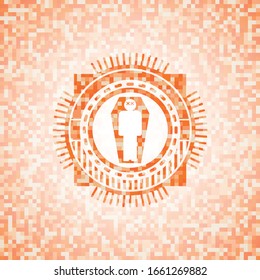 dead man in his coffin icon inside orange tile background illustration. Square geometric mosaic seamless pattern with emblem inside.