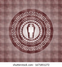 dead man in his coffin icon inside red polygonal badge. Seamless.