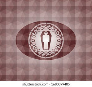 dead man in his coffin icon inside red emblem with geometric background. Seamless.