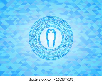 dead man in his coffin icon inside sky blue emblem. Mosaic background