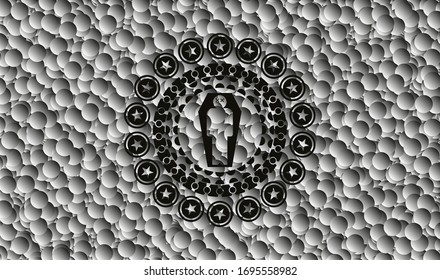 hombre muerto en su ícono de ataúd dentro del emblema oscuro con fondo de burbujas. Ilustración vectorial. Detallado.