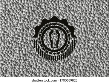 dead man in his coffin icon inside dark badge with grey bubbles background. Vector Illustration. Detailed.