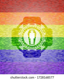 dead man in his coffin icon inside emblem on mosaic background with the colors of the LGBT flag. 