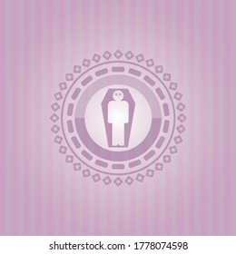 hombre muerto en su ícono de ataúd dentro del emblema rosado. Vintage. Diseño plano. 