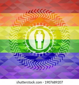 dead man in his coffin icon inside emblem on mosaic background with the colors of the LGBT flag. 