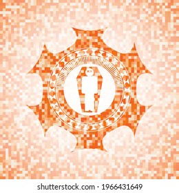 dead man in his coffin icon inside orange mosaic emblem. 