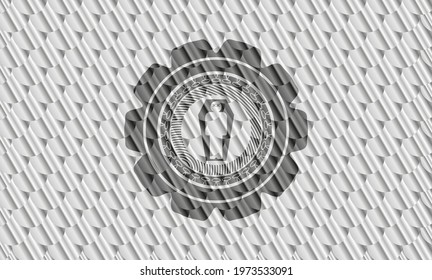 dead man in his coffin icon inside silver color badge. Scales pattern. Vector Illustration. Detailed. 