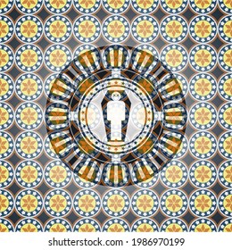 dead man in his coffin icon inside arabic badge. Arabesque decoration. 