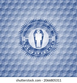 dead man in his coffin icon inside blue emblem or badge with abstract geometric pattern background. 
