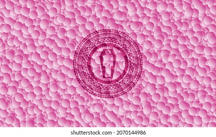 dead man in his coffin icon inside realistic pink emblem with bubbles background. Vector Illustration. Detailed. 