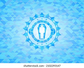 dead man in his coffin icon inside light blue emblem with triangle mosaic background. 