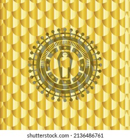 dead man in his coffin icon inside golden emblem. Scales pattern. Vector Illustration. Detailed. 
