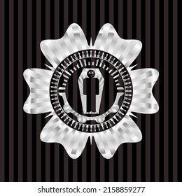 dead man in his coffin icon inside silver emblem or badge. 