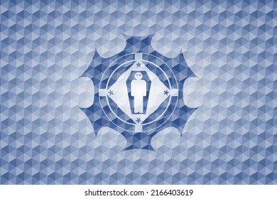 toter Mann in seinem Sarg-Symbol in blauem Emblem mit geometrischem Hintergrund. 