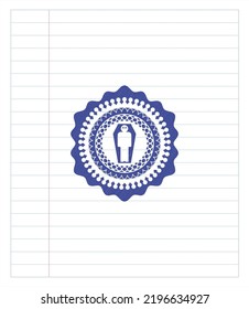 dead man in his coffin icon pen strokes emblem. Blue ink. Vector Illustration. Detailed. 