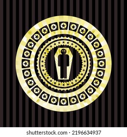 dead man in his coffin icon inside gold shiny emblem. 