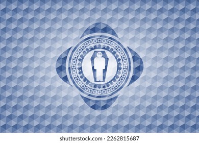 dead man in his coffin icon inside blue badge with geometric background. 