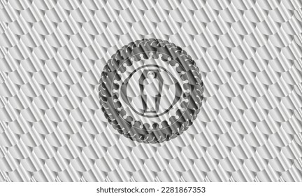 dead man in his coffin icon inside silver badge. Scales pattern. Vector Illustration. Detailed. 