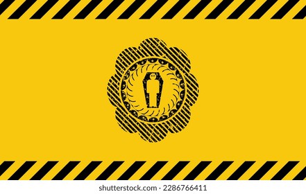 dead man in his coffin icon black grunge emblem with yellow background. Vector Illustration. Detailed. 