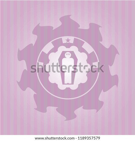 dead man in his coffin icon inside badge with pink background