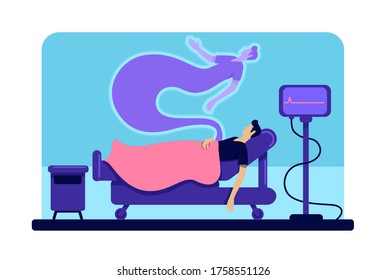 Dead man in hospital flat color vector illustration. Male body and soul in medical clinic. Patient ghost 2D cartoon character with wheeled bed and cardiogram monitor on background