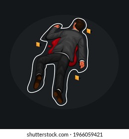 Hombre muerto en el suelo víctima de asesino, tiza de escena del crimen delineación ilustración de caricatura vector