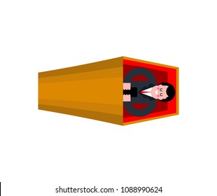 Dead man and phone in coffin. Wooden casket and corpse. vector illustration
