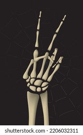 Dead Man Realistic Skeleton Hand Showing Peace or Victory Fingers Sign 3D Style Halloween Comic Creative Template  - Bones on Black Web Background - Vector Mixed Graphic Design