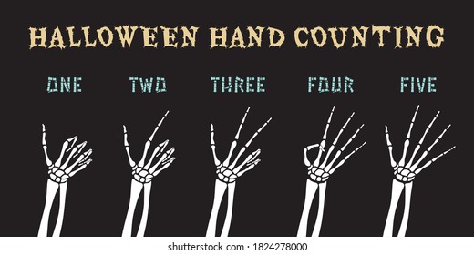 Dead Man Skeleton Correct Hand Counting to Five Beginning with Thumb Halloween Holidays Comic Creative Concept - Turquoise White and Yellow on Black Background - Vector Contrast Graphic Design