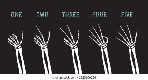 Dead Man Skeleton Correct Hands Counting to Five Beginning with Thumb Set Halloween Comic Creative Collection - Turquoise White and Yellow on Black Background - Vector Contrast Graphic Design