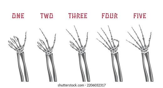 Dead Man Skeleton Hand Correct Finger Counting to Five Beginning with Thumb Set Halloween Comic Creative Collection - Black and Red on White Background - Vector Contrast Graphic Design