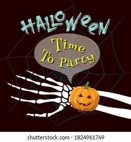 Dead Man Skeleton Hand with Halloween Pumpkin as Watch on It Saying Time To Party Holidays Comic Creative Concept with Lettering - Multicolor on Spider Web Background - Vector Mixed Graphic Design