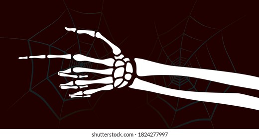 Puntero de mano de esqueleto de hombre muerto mostrando dirección Halloween Vacaciones Decoración Plantilla de historieta - fondo web de color blanco sobre araña - Diseño gráfico mixto vectorial