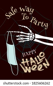 Dead Man Skeleton Hand Pointer with Medical Protection Mask on Pointing Finger Showing Safe Way To Party Halloween Creative Concept - White on Spider Web Background - Vector Mixed Graphic Design