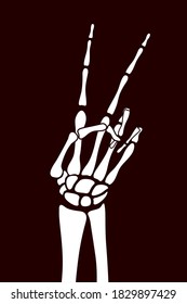 Dead Man Skeleton Hand Showing Peace or Victory Symbol Halloween Comic Creative Template  - White on Dark Background - Vector Mixed Graphic Design